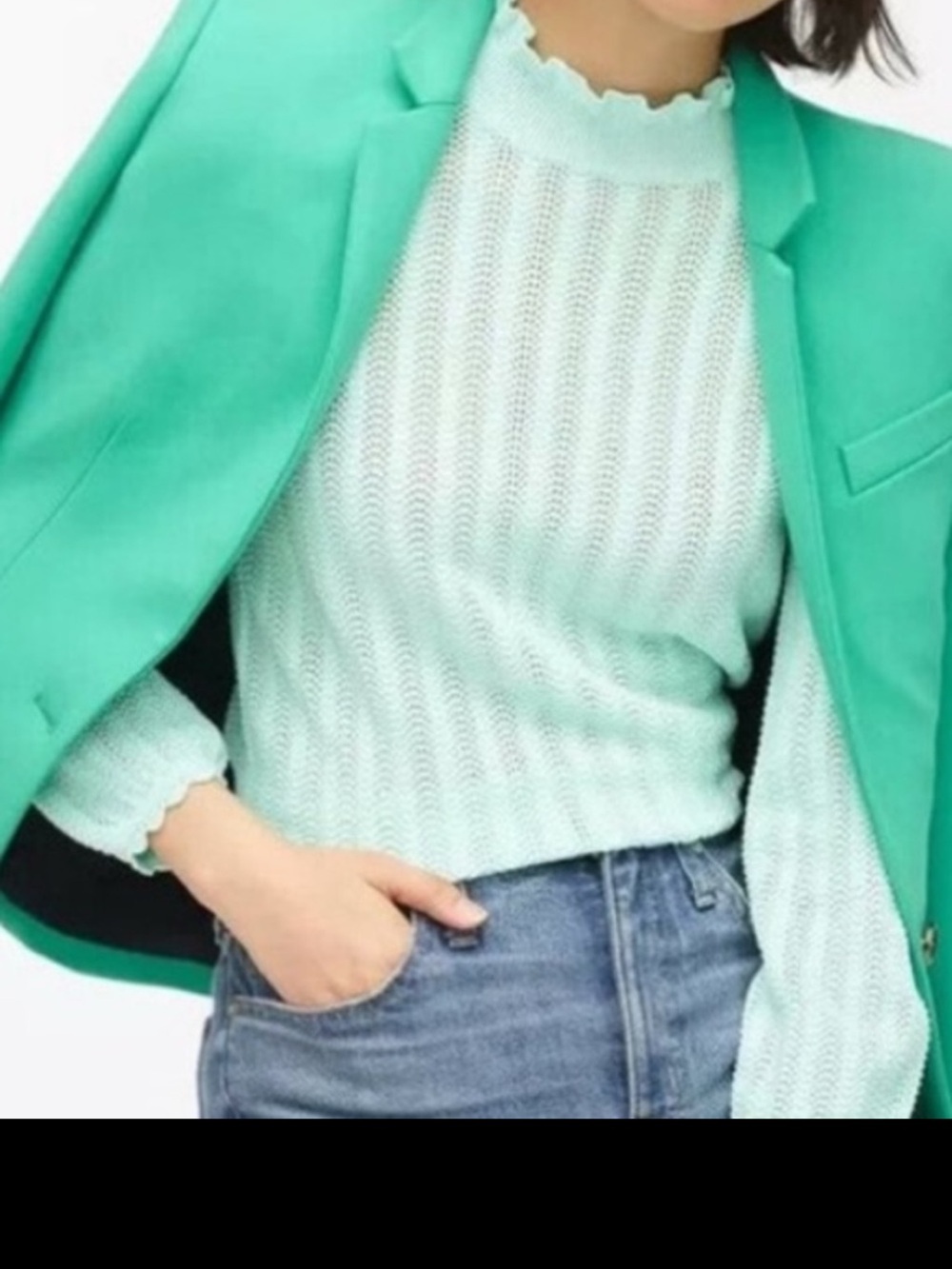 J. Crew Pointelle Ruffle Mockneck Green Sweater M - Picture 7 of 7